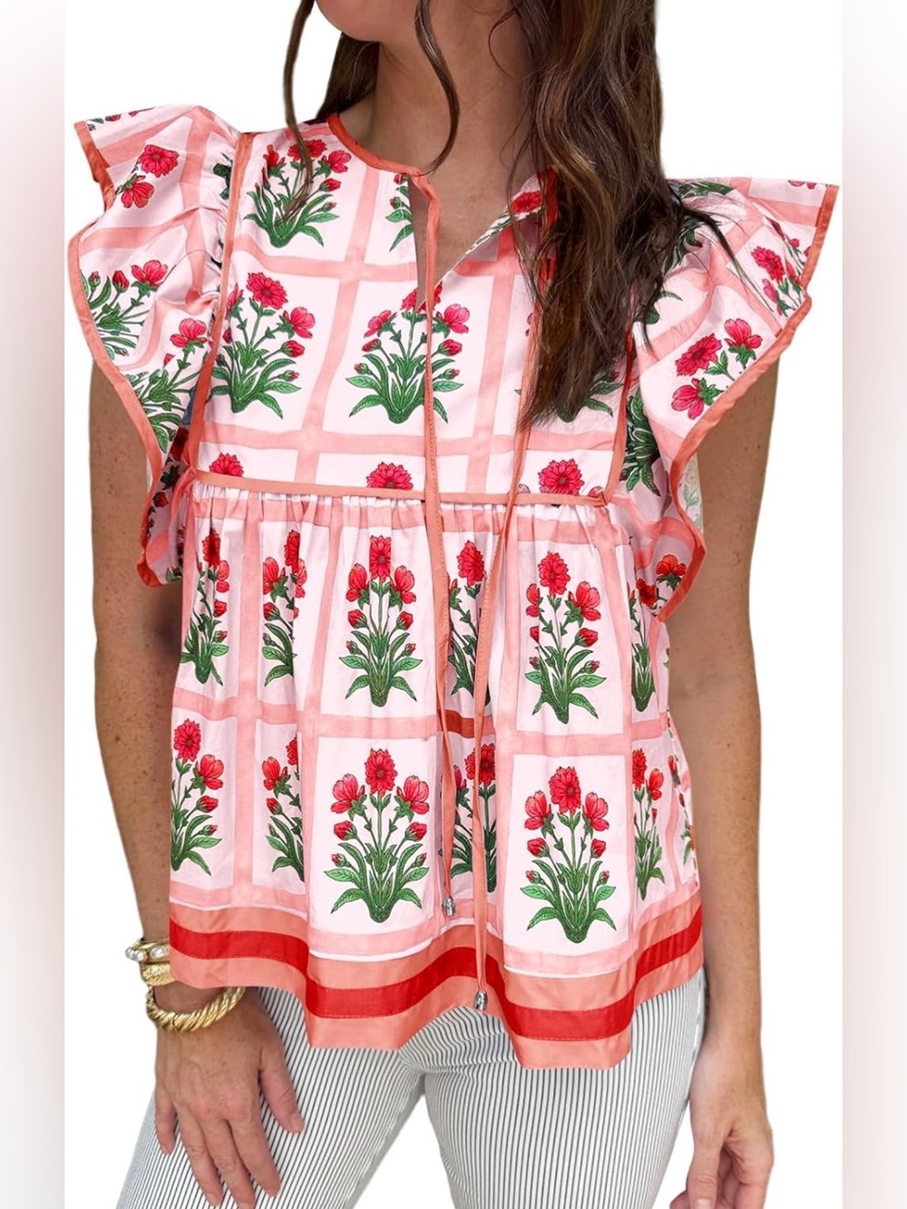 NWT S Cicy Bell Floral Peplum Blouse Red Pink Ruffle Sleeve Babydoll Boho Top